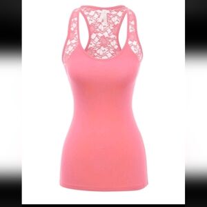 LAST 1* Pink solid racerback long fitted sleeveless Lace Trim tank top shirt